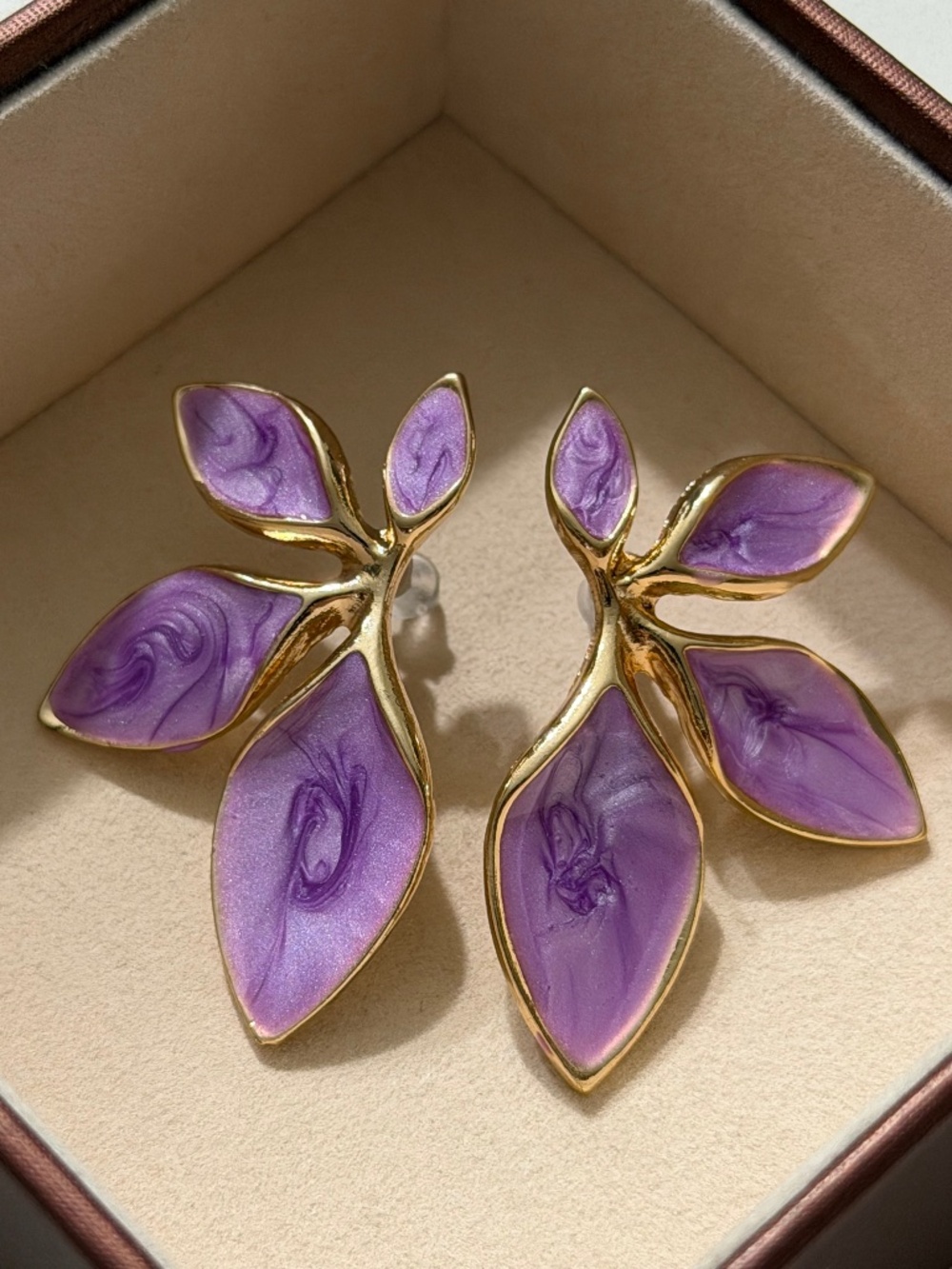 Elegant Golden Purple Dripping Oil Petal Statement Earrings.